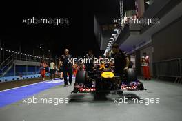 22.09.2011 Singapore, Singapore, Sebastian Vettel's car in the pit lane  - Formula 1 World Championship, Rd 14, Singapore Grand Prix, Thursday