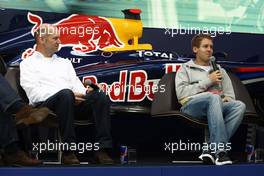 19.10.2011 Milton Keynes, England, Adrian Newey (GBR), Red Bull Racing, Technical Operations Director and Sebastian Vettel (GER), Red Bull Racing  - Double World Champion press conference at Red Bull Racing HQ, Formula 1 World Championship
