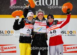 26.02.2011, Oslo, Norway (NOR): (l-r) Andreas Kofler (AUT), Fischer, Thomas Morgenstern (AUT), Fischer and Adam Malysz (POL), Fischer  - FIS nordic world ski championships, ski jumping, individual HS106, Oslo (NOR). www.xpb.cc. © Laiho/xpb.cc. Every downloaded picture is fee-liable.