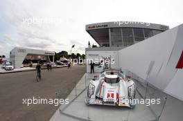 The Le Mans 24 Hours winning Audi R18 E-Tron is shown in front of the Audi Top Service Hospitality Audi VIP Hospitality 14.07.2012. DTM Showevent, Saturday, Muenchen, Germany