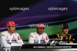 Press conference, Jenson Button (GBR), McLaren Mercedes, Lewis Hamilton (GBR), McLaren Mercedes and Romain Grosjean (FRA), Lotus F1 Team  17.03.2012. Formula 1 World Championship, Rd 1, Australian Grand Prix, Melbourne, Australia, Saturday