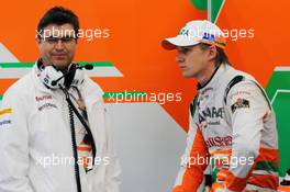 Nico Hulkenberg (GER) Sahara Force India F1 (Right) with Bradley Joyce (GBR) Sahara Force India F1 Race Engineer. 31.08.2012. Formula 1 World Championship, Rd 12, Belgian Grand Prix, Spa Francorchamps, Belgium, Practice Day