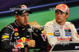 Post race FIA Press Conference (L to R): Sebastian Vettel (GER) Red Bull Racing, second; Jenson Button (GBR) McLaren, race winner. 02.09.2012. Formula 1 World Championship, Rd 12, Belgian Grand Prix, Spa Francorchamps, Belgium, Race Day