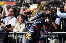 Sebastian Vettel (GER) Red Bull Racing celebrates his second position in parc ferme. 02.09.2012. Formula 1 World Championship, Rd 12, Belgian Grand Prix, Spa Francorchamps, Belgium, Race Day