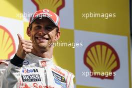 Race winner Jenson Button (GBR) McLaren celebrates on the podium. 02.09.2012. Formula 1 World Championship, Rd 12, Belgian Grand Prix, Spa Francorchamps, Belgium, Race Day