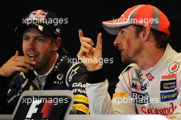 Post race FIA Press Conference (L to R): Sebastian Vettel (GER) Red Bull Racing, second; Jenson Button (GBR) McLaren, race winner. 02.09.2012. Formula 1 World Championship, Rd 12, Belgian Grand Prix, Spa Francorchamps, Belgium, Race Day