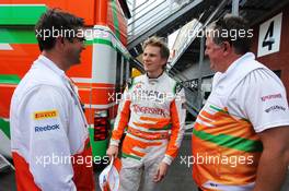 Nico Hulkenberg (GER) Sahara Force India F1 (Centre) celebrates his fourth position with Bradley Joyce (GBR) Sahara Force India F1 Race Engineer (Left) and Otmar Szafnauer (USA) Sahara Force India F1 Chief Operating Officer (Right). 02.09.2012. Formula 1 World Championship, Rd 12, Belgian Grand Prix, Spa Francorchamps, Belgium, Race Day