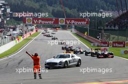 Jenson Button (GBR) McLaren MP4/27 leads behind the FIA Safety Car. 02.09.2012. Formula 1 World Championship, Rd 12, Belgian Grand Prix, Spa Francorchamps, Belgium, Race Day