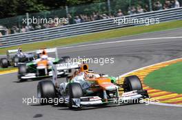 Nico Hulkenberg (GER) Sahara Force India F1 VJM05 leads Paul di Resta (GBR) Sahara Force India VJM05. 02.09.2012. Formula 1 World Championship, Rd 12, Belgian Grand Prix, Spa Francorchamps, Belgium, Race Day