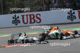 Nico Rosberg (GER), Mercedes AMG Petronas and Nico Hulkenberg (GER), Sahara Force India Formula One Team  02.09.2012. Formula 1 World Championship, Rd 12, Belgian Grand Prix, Spa Francorchamps, Belgium, Race Day