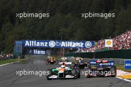 Paul di Resta (GBR) Sahara Force India VJM05 battles with Daniel Ricciardo (AUS) Scuderia Toro Rosso STR7. 02.09.2012. Formula 1 World Championship, Rd 12, Belgian Grand Prix, Spa Francorchamps, Belgium, Race Day