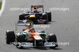 Nico Hulkenberg (GER) Sahara Force India F1 VJM05 leads Mark Webber (AUS) Red Bull Racing RB8. 02.09.2012. Formula 1 World Championship, Rd 12, Belgian Grand Prix, Spa Francorchamps, Belgium, Race Day