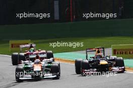 (L to R): Paul di Resta (GBR) Sahara Force India VJM05 and Mark Webber (AUS) Red Bull Racing RB8 battle for position. 02.09.2012. Formula 1 World Championship, Rd 12, Belgian Grand Prix, Spa Francorchamps, Belgium, Race Day