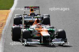 Nico Hulkenberg (GER) Sahara Force India F1 VJM05 leads Mark Webber (AUS) Red Bull Racing RB8. 02.09.2012. Formula 1 World Championship, Rd 12, Belgian Grand Prix, Spa Francorchamps, Belgium, Race Day