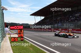 A pit board for fourth placed Nico Hulkenberg (GER) Sahara Force India F1 VJM05. 02.09.2012. Formula 1 World Championship, Rd 12, Belgian Grand Prix, Spa Francorchamps, Belgium, Race Day