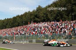 Nico Hulkenberg (GER) Sahara Force India F1 VJM05 leads team mate Paul di Resta (GBR) Sahara Force India VJM05. 02.09.2012. Formula 1 World Championship, Rd 12, Belgian Grand Prix, Spa Francorchamps, Belgium, Race Day