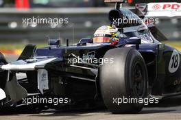 Pastor Maldonado (VEN) Williams FW34 with race retiring damage to his car. 02.09.2012. Formula 1 World Championship, Rd 12, Belgian Grand Prix, Spa Francorchamps, Belgium, Race Day