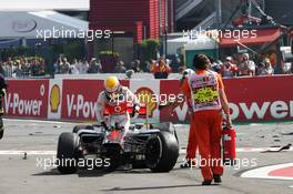 Lewis Hamilton (GBR) McLaren MP4/27 after he was involved in a crash at the start of the race. 02.09.2012. Formula 1 World Championship, Rd 12, Belgian Grand Prix, Spa Francorchamps, Belgium, Race Day