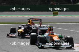 Nico Hulkenberg (GER), Sahara Force India Formula One Team leads Mark Webber (AUS), Red Bull Racing  02.09.2012. Formula 1 World Championship, Rd 12, Belgian Grand Prix, Spa Francorchamps, Belgium, Race Day