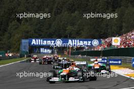 Nico Hulkenberg (GER) Sahara Force India F1 VJM05 leads team mate Paul di Resta (GBR) Sahara Force India VJM05. 02.09.2012. Formula 1 World Championship, Rd 12, Belgian Grand Prix, Spa Francorchamps, Belgium, Race Day