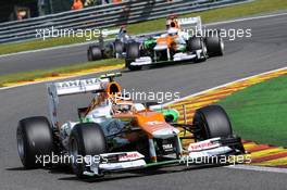 Nico Hulkenberg (GER) Sahara Force India F1 VJM05 leads team mate Paul di Resta (GBR) Sahara Force India VJM05. 02.09.2012. Formula 1 World Championship, Rd 12, Belgian Grand Prix, Spa Francorchamps, Belgium, Race Day