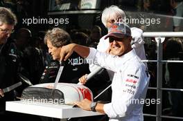 Michael Schumacher (GER) Mercedes AMG F1 celebrates his 300th GP with Ross Brawn (GBR) Mercedes AMG F1 Team Principal; Bernie Ecclestone (GBR) CEO Formula One Group (FOM) and Norbert Haug (GER) Mercedes Sporting Director. 01.09.2012. Formula 1 World Championship, Rd 12, Belgian Grand Prix, Spa Francorchamps, Belgium, Qualifying Day