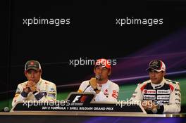Qualifying parc ferme (L to R): Kamui Kobayashi (JPN) Sauber, second; Jenson Button (GBR) McLaren, pole position; Pastor Maldonado (VEN) Williams, third. 01.09.2012. Formula 1 World Championship, Rd 12, Belgian Grand Prix, Spa Francorchamps, Belgium, Qualifying Day