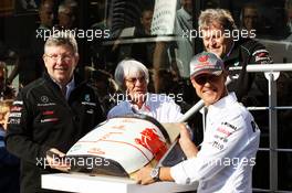 Michael Schumacher (GER) Mercedes AMG F1 celebrates his 300th GP with Ross Brawn (GBR) Mercedes AMG F1 Team Principal; Bernie Ecclestone (GBR) CEO Formula One Group (FOM) and Norbert Haug (GER) Mercedes Sporting Director. 01.09.2012. Formula 1 World Championship, Rd 12, Belgian Grand Prix, Spa Francorchamps, Belgium, Qualifying Day