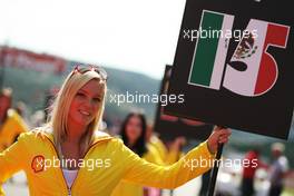 Grid girl on the drivers parade. 02.09.2012. Formula 1 World Championship, Rd 12, Belgian Grand Prix, Spa Francorchamps, Belgium, Race Day