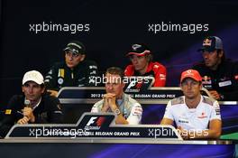 The FIA Press Conference (from back row (L to R)): Vitaly Petrov (RUS) Caterham; Charles Pic (FRA) Marussia F1 Team; Jean-Eric Vergne (FRA) Scuderia Toro Rosso; Pedro De La Rosa (ESP) HRT Formula 1 Team; Michael Schumacher (GER) Mercedes AMG F1; Jenson Button (GBR) McLaren. 30.08.2012. Formula 1 World Championship, Rd 12, Belgian Grand Prix, Spa Francorchamps, Belgium, Preparation Day
