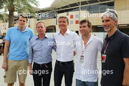 (L to R): Jake Humphrey (GBR) BBC Television Presenter with Martin Brundle (GBR) Sky Sports Commentator; David Coulthard (GBR) Red Bull Racing and Scuderia Toro Advisor / BBC Television Commentator; Paul Stewart (GBR); and Damon Hill (GBR) Sky Sports Presenter. 20.04.2012. Formula 1 World Championship, Rd 4, Bahrain Grand Prix, Sakhir, Bahrain, Practice Day