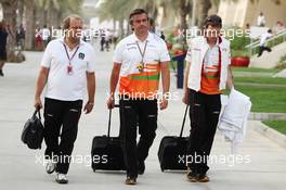 (L to R): Robert Fearnley (GBR) Sahara Force India F1 Team Deputy Team Principal with Andy Stevenson (GBR) Sahara Force India F1 Team Manager and Will Hings (GBR) Sahara Force India F1 Press Officer. 20.04.2012. Formula 1 World Championship, Rd 4, Bahrain Grand Prix, Sakhir, Bahrain, Practice Day
