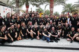 Lotus F1 Team celebrate second and third position for Kimi Raikkonen (FIN) Lotus F1 Team and Romain Grosjean (FRA) Lotus F1 Team. Motor Racing - Formula One World Championship - Bahrain Grand Prix - Race Day - Sakhir, Bahrain