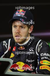 Pole sitter Sebastian Vettel (GER) Red Bull Racing in the FIA Press Conference. 21.04.2012. Formula 1 World Championship, Rd 4, Bahrain Grand Prix, Sakhir, Bahrain, Qualifying Day