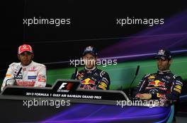 The FIA Press Conference (L to R): Lewis Hamilton (GBR) McLaren, second; Sebastian Vettel (GER) Red Bull Racing, pole position; Mark Webber (AUS) Red Bull Racing, third. 21.04.2012. Formula 1 World Championship, Rd 4, Bahrain Grand Prix, Sakhir, Bahrain, Qualifying Day