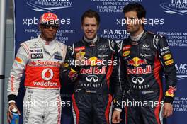 Qualifying results, 2nd Lewis Hamilton (GBR), McLaren Mercedes with 1st Sebastian Vettel (GER), Red Bull Racing and 3rd Mark Webber (AUS), Red Bull Racing  21.04.2012. Formula 1 World Championship, Rd 4, Bahrain Grand Prix, Sakhir, Bahrain, Qualifying Day