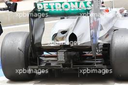 Michael Schumacher (GER) Mercedes AMG F1 W03 rear diffuser detail. 21.04.2012. Formula 1 World Championship, Rd 4, Bahrain Grand Prix, Sakhir, Bahrain, Qualifying Day