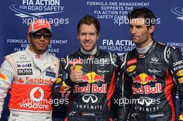 Qualifying results, 2nd Lewis Hamilton (GBR), McLaren Mercedes with 1st Sebastian Vettel (GER), Red Bull Racing and 3rd Mark Webber (AUS), Red Bull Racing  21.04.2012. Formula 1 World Championship, Rd 4, Bahrain Grand Prix, Sakhir, Bahrain, Qualifying Day