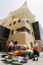 The Sahara Force India F1 VJM05 of Nico Hulkenberg (GER) at the pit lane entrance. 21.04.2012. Formula 1 World Championship, Rd 4, Bahrain Grand Prix, Sakhir, Bahrain, Qualifying Day