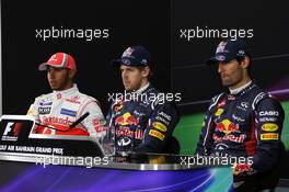 The FIA Press Conference (L to R): Lewis Hamilton (GBR) McLaren, second; Sebastian Vettel (GER) Red Bull Racing, pole position; Mark Webber (AUS) Red Bull Racing, third. 21.04.2012. Formula 1 World Championship, Rd 4, Bahrain Grand Prix, Sakhir, Bahrain, Qualifying Day