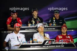 The FIA Press Conference (From back row (L to R)): Timo Glock (GER) Marussia F1 Team; Romain Grosjean (FRA) Lotus F1 Team; Heikki Kovalainen (FIN) Caterham; Lewis Hamilton (GBR) McLaren; Nico Rosberg (GER) Mercedes AMG F1; Felipe Massa (BRA) Ferrari.  19.04.2012. Formula 1 World Championship, Rd 4, Bahrain Grand Prix, Sakhir, Bahrain, Preparation Day