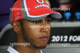 Lewis Hamilton (GBR) McLaren in the FIA Press Conference. 19.04.2012. Formula 1 World Championship, Rd 4, Bahrain Grand Prix, Sakhir, Bahrain, Preparation Day