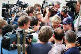 Sebastian Vettel (GER) Red Bull Racing with the media. 19.04.2012. Formula 1 World Championship, Rd 4, Bahrain Grand Prix, Sakhir, Bahrain, Preparation Day