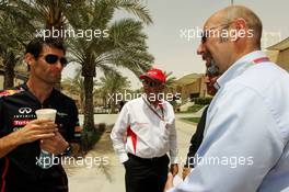(L to R): Mark Webber (AUS) Red Bull Racing with Zayed Rashed Al Zayani (BRN) Chairman of Bharain International Circuit; Dr Jasim Husain (BRN) Researcher on Gulf Cooperation Council (GCC) Economics and Norman Howell (GBR) FIA Director of Communications. 19.04.2012. Formula 1 World Championship, Rd 4, Bahrain Grand Prix, Sakhir, Bahrain, Preparation Day