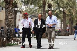 (L to R): Zayed Rashed Al Zayani (BRN) Chairman of Bharain International Circuit with Dr Jasim Husain (BRN) Researcher on Gulf Cooperation Council (GCC) Economics and Norman Howell (GBR) FIA Director of Communications. 19.04.2012. Formula 1 World Championship, Rd 4, Bahrain Grand Prix, Sakhir, Bahrain, Preparation Day