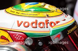The helmet of Lewis Hamilton (GBR) McLaren with a thank you to McLaren. 23.11.2012. Formula 1 World Championship, Rd 20, Brazilian Grand Prix, Sao Paulo, Brazil, Practice Day.