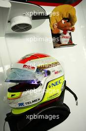 The helmet of Sergio Perez (MEX) Sauber. 23.11.2012. Formula 1 World Championship, Rd 20, Brazilian Grand Prix, Sao Paulo, Brazil, Practice Day.