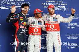 Qualifying parc ferme (L to R): Mark Webber (AUS) Red Bull Racing, third; Lewis Hamilton (GBR) McLaren, pole position; Jenson Button (GBR) McLaren, second. 24.11.2012. Formula 1 World Championship, Rd 20, Brazilian Grand Prix, Sao Paulo, Brazil, Qualifying Day.