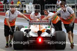 Paul di Resta (GBR) Sahara Force India VJM05 pushed back in the pits. 08.06.2012. Formula 1 World Championship, Rd 7, Canadian Grand Prix, Montreal, Canada, Practice Day