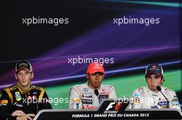 Post race FIA Press Conference (L to R): Romain Grosjean (FRA) Lotus F1 Team, second; Lewis Hamilton (GBR) McLaren, race winner; Sergio Perez (MEX) Sauber, third. 10.06.2012. Formula 1 World Championship, Rd 7, Canadian Grand Prix, Montreal, Canada, Race Day